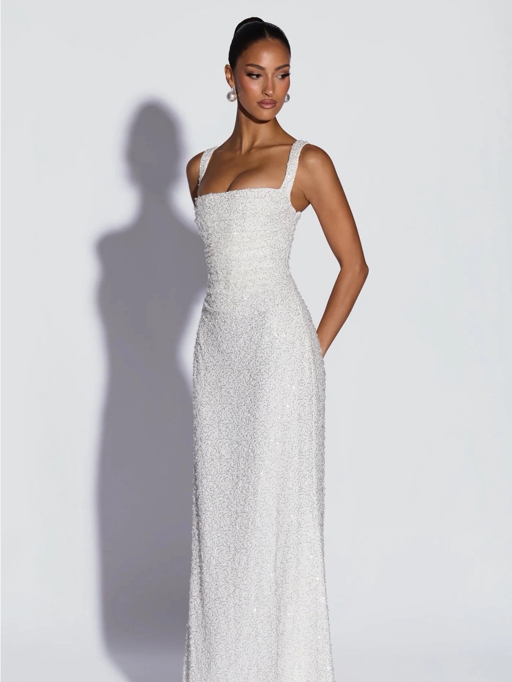 White Sequin Square-Neck Maxi Dress